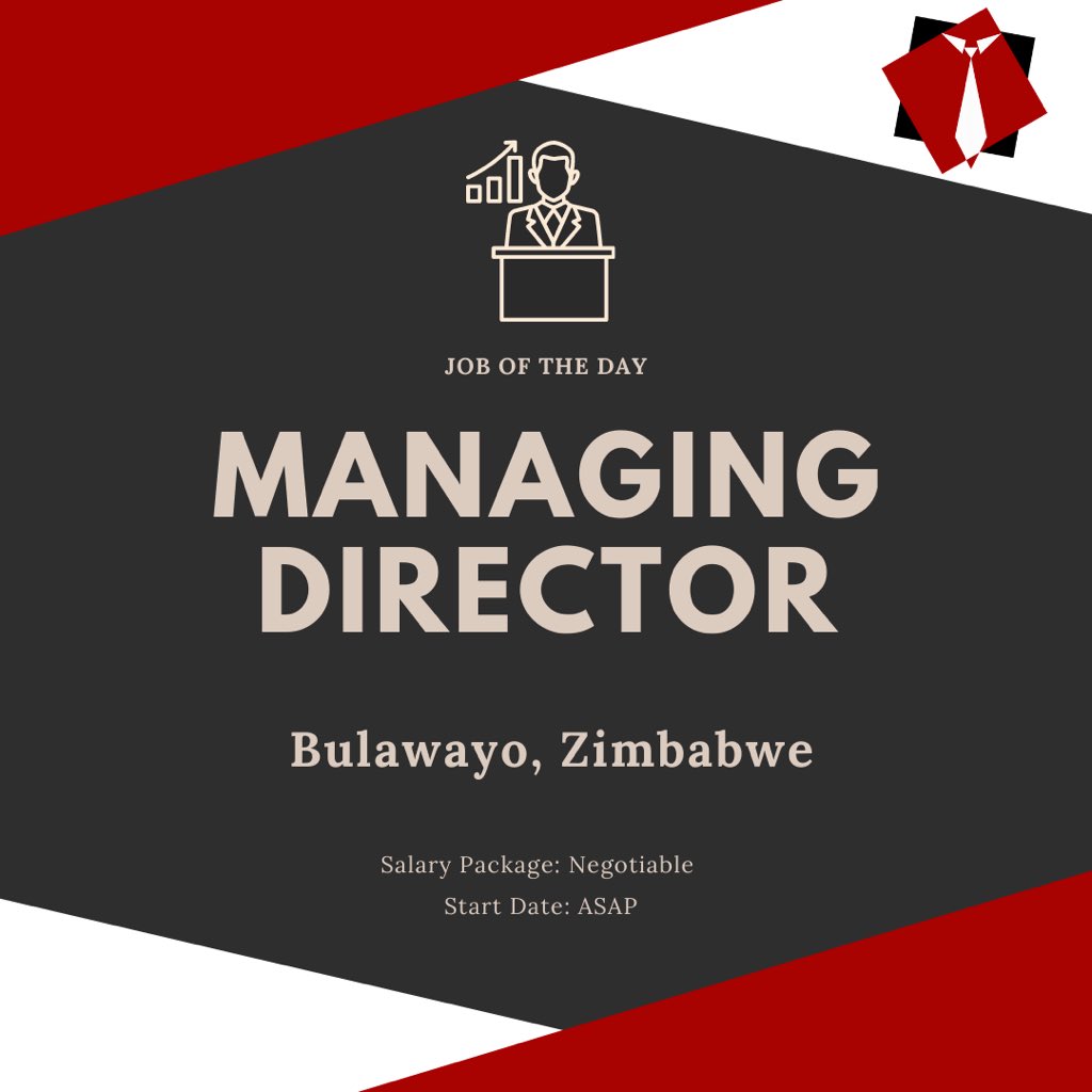RecruitmentMatters (@recruitmentzw) on Twitter photo Our client is now looking for an experienced and dynamic Managing Director to join them.
📍 Bulawayo.
Please send your CVs to Ruth on:
📧 ruth@recruitmentmatters.co.zw Our client is now looking for an experienced and dynamic Managing Director to join them.
📍 Bulawayo.
Please send your CVs to Ruth on:
📧 ruth@recruitmentmatters.co.zw