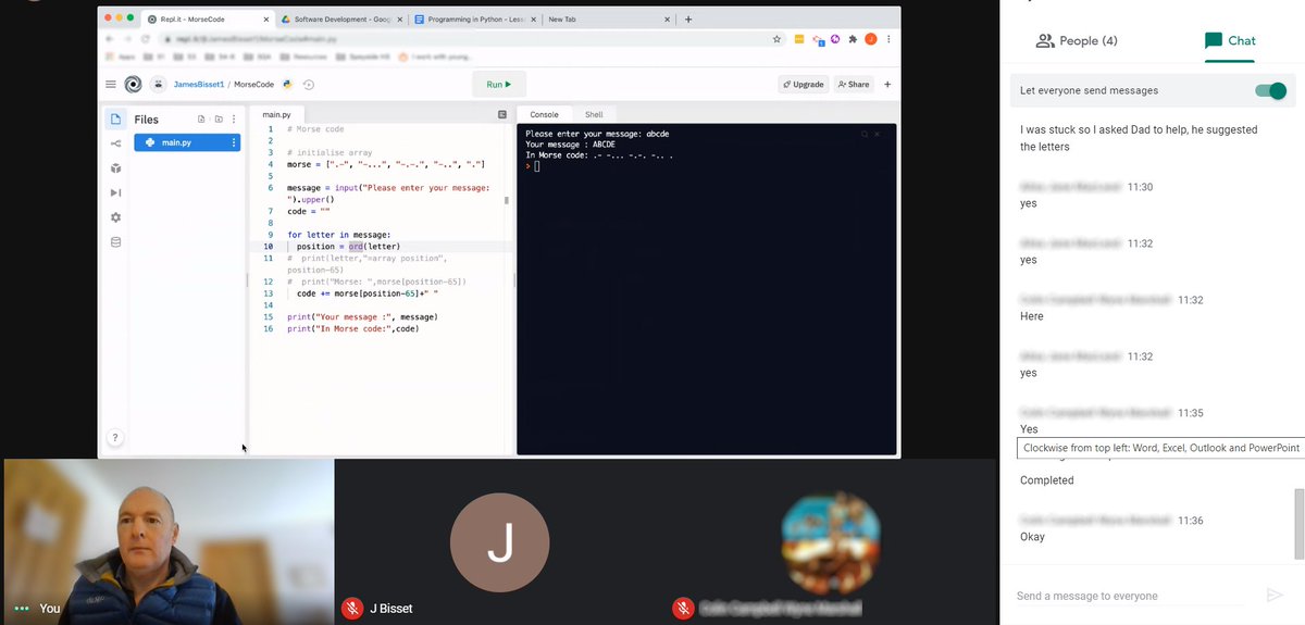 CompSciSpeyside's tweet image. Live lockdown learning in action!
Using #GoogleMeet to troubleshoot programming tasks with #Nat5 and #HigherComputingScience pupils via repl.it.