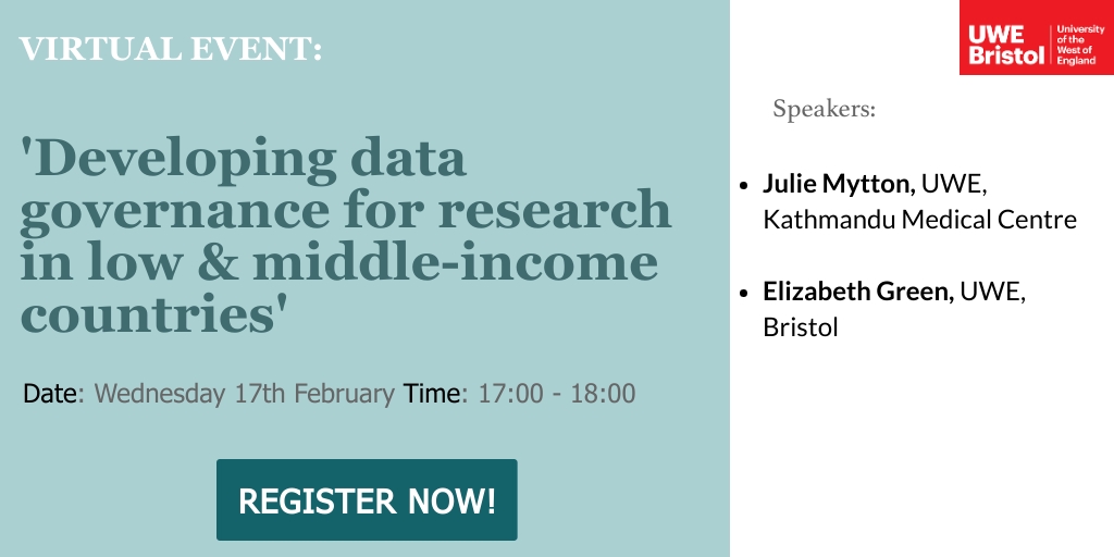 UWE DRAGoN Group (@uwe_dragn) on Twitter photo Join us on 17 Feb for a Seminar on 'Developing data governance for research in low and middle-income countries'.
Register here: bit.ly/370KYU6
@felix_ritchie <a href="/lizSgreen/">Lizzie Green</a> @julie_mytton #datagovernance Join us on 17 Feb for a Seminar on 'Developing data governance for research in low and middle-income countries'.
Register here: bit.ly/370KYU6
@felix_ritchie <a href="/lizSgreen/">Lizzie Green</a> @julie_mytton #datagovernance