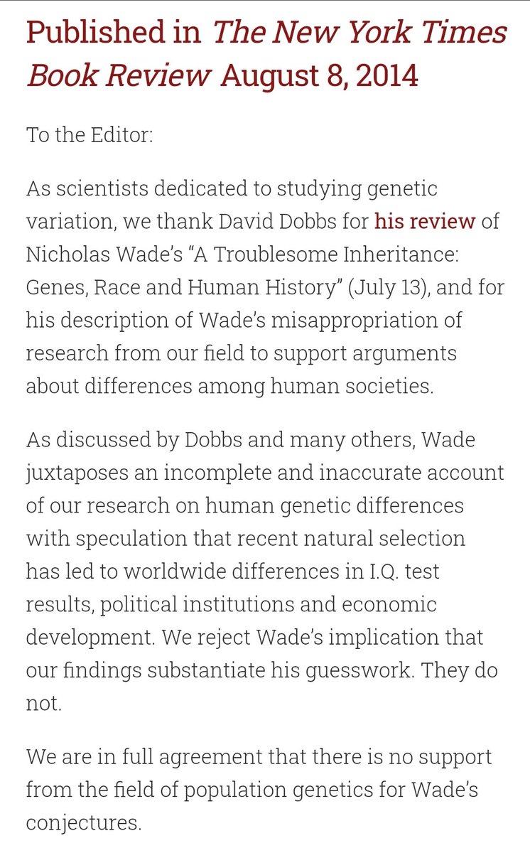 Dr. Graves reached out to many of the geneticists cited by Nicholas Wade. Many were appalled at the misuse and distortions of their work for racist ideologies. The names weren't minor and their expertise was in no dispute. Imagine having most of your citations calling you out? 