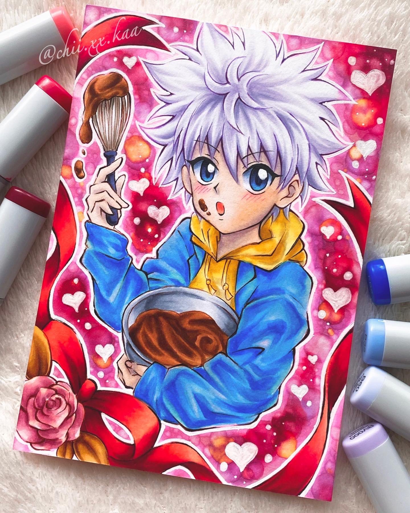 Chii Xx Kaa ちか Besty ご依頼で描いたキルアです ㅂ バレンタインイラストでってことで 背景ピンクにしたら凄くファンシーに 気に入って頂けて良かった ハンターハンター 冨樫義博 キルア キルアゾルディック バレンタイン