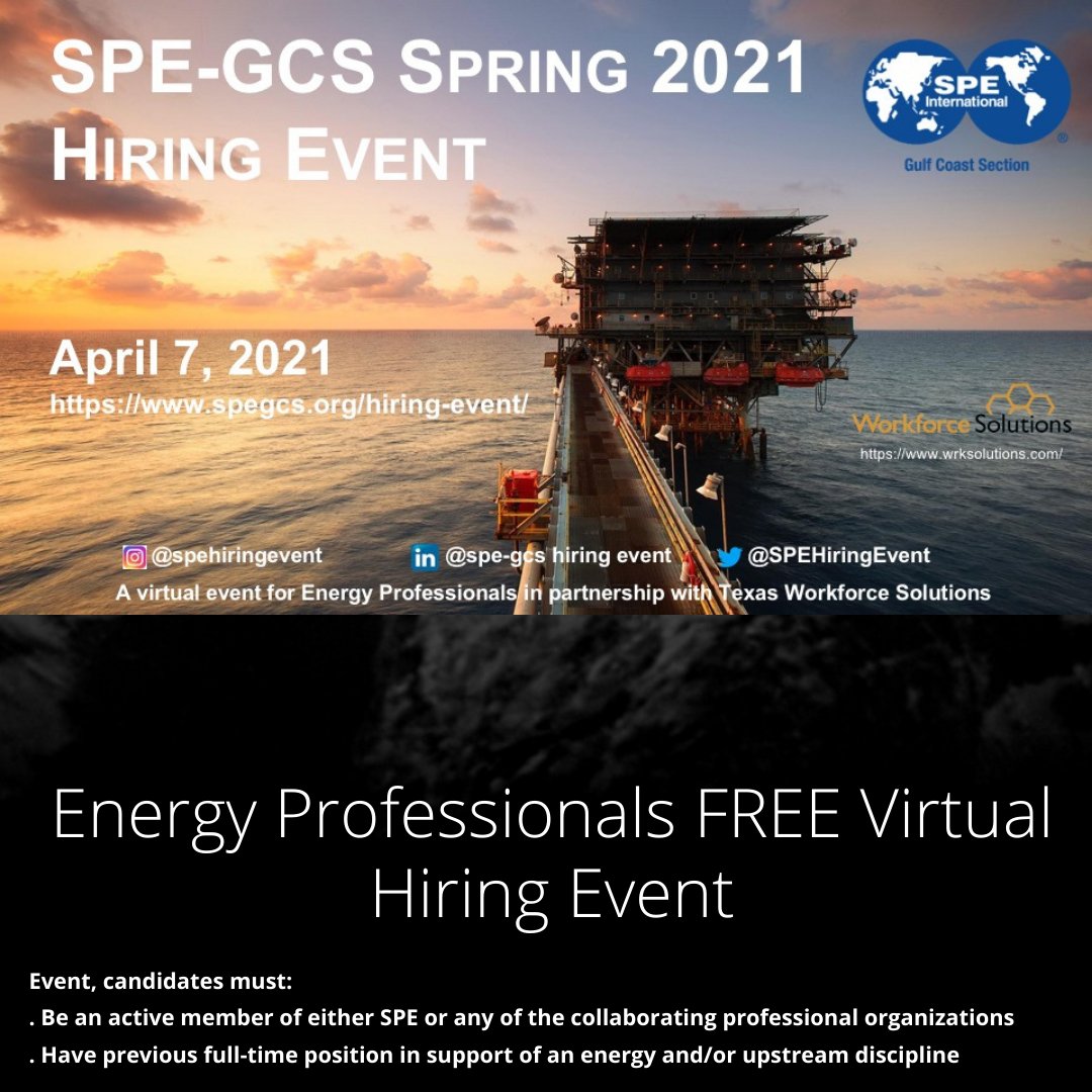 Employer Registration is open for the April 7 Energy Professionals Virtual Hiring Event: spegcs.org/events/6000/ Welcoming @Aramco @TOTALUSA @coschoolofmines @fervoenergy @scacompanies #WellDoctorsOilfield #hiring #energy #careers @TXWorkforce @PinkPetro @AAPG @AACE_Tweets