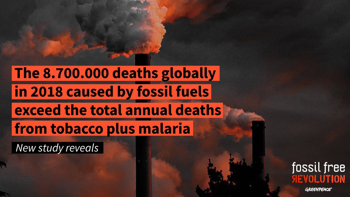 The fossil fuel industry is responsible for more than 1 in 10 deaths in Europe 🏭
 
Without their polluting emissions, the global average life expectancy would increase by more than a year. It's time for a #FossilFreeRevolution!
 
More info 👉🏿 bit.ly/2N8qAt4