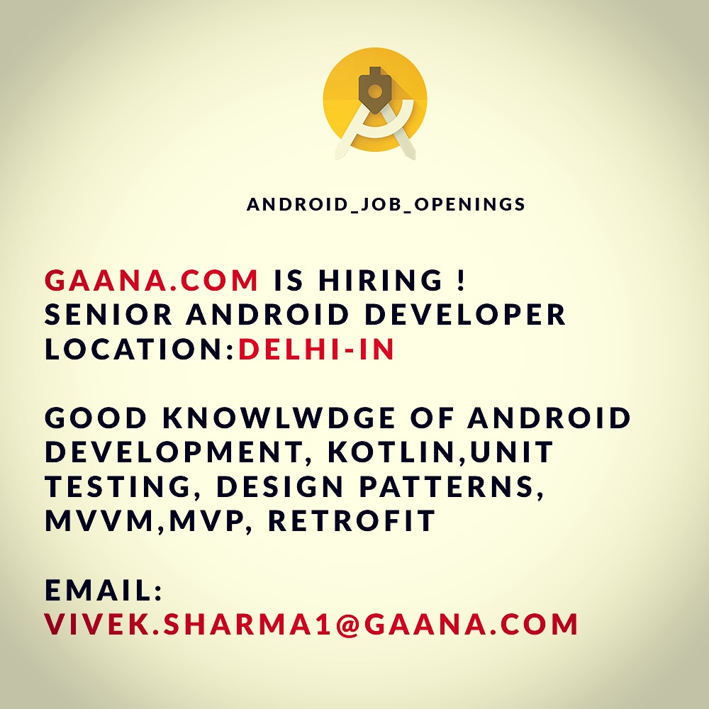 AndroidOpenings's tweet image. #androiddeveloper #androiddevelopment #kotlin #world #android #androidsdk #androidstudio  #androidapp  #hiring #nowhiring #applynow #programmer #programming #softwaredeveloper #coding #codingisfun #java #jobopening #jobopportunity  #developer #worldwide #job #india
