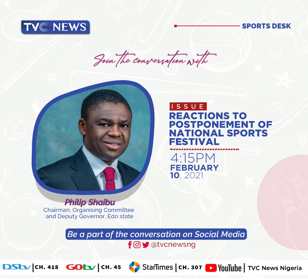 Join Us on Sports Desk on TVC News at 4.15pm with Promise Efoghe <a href="/PEFOGHE_TVC/">PROMISE EFOGHE</a> as we discuss the impact of the postponement of the National Sports Festival and other burning issues in the Sports sector  <a href="/HonPhilipShaibu/">Philip Shaibu</a>  <a href="/EdoStateGovt/">Edo State Government</a> <a href="/GovernorObaseki/">H. E. Godwin Obaseki</a> <a href="/SundayDareSD/">Sunday Dare,CON</a> Stay Tuned
