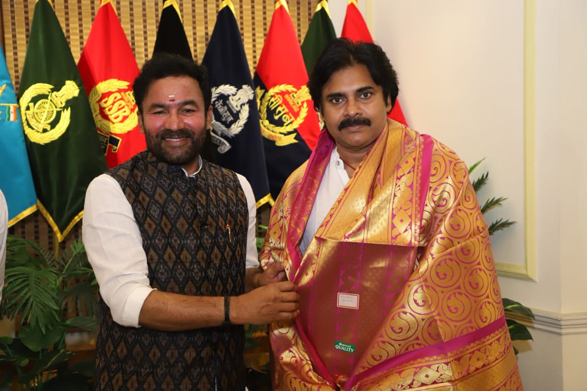 KishanReddyOfc's tweet photo. Jana Sena Chief Sri @PawanKalyan &amp; Sri @mnadendla  Called On The Hon’ble Minister Of State For Home Affairs, Government Of India Sri @kishanreddybjp  At The North Block Office, New Delhi. https://t.co/ml4S6nwwSN
