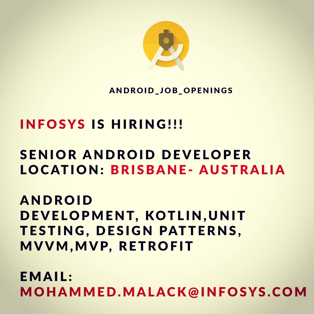 AndroidOpenings's tweet image. #androiddeveloper #androiddevelopment #kotlin  #android #androidsdk #androidstudio  #androidapp  #hiring #nowhiring  #softwaredeveloper #coding #codingisfun #java #jobopening #jobopportunity  #developer #itjobs #world #worldwide #job #jobsearch  #australia #infosys #brisbane