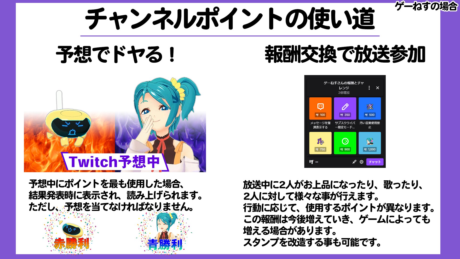 ゲーねす 公式 お知らせ 今年のめてあぐ生放送でよく使用しているtwitchのチャンネルポイントについてです 視聴すると獲得できるチャンネルポイントを使用することで 予想に使用したり 放送中にアクションが行えます 報酬は