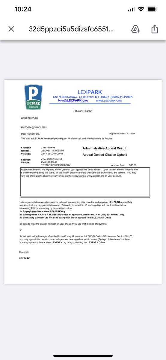 Mrs_PostMalone_'s tweet photo. A thread on how @LexParkingAuth harassed me twice two times in one week and denied my appeal with a statement saying the yellow line is clearly visible. LEXPARK tickets are arbitrary. https://t.co/9g0Ki7VpTy