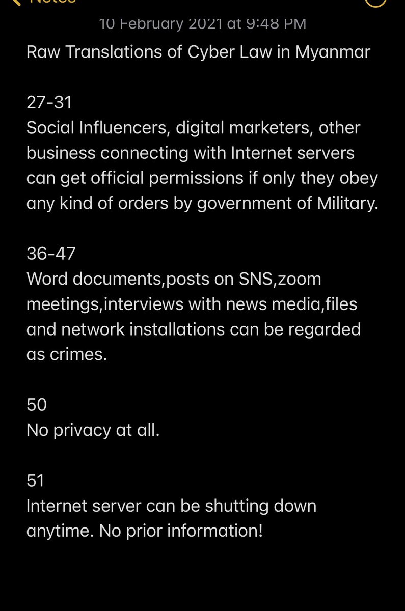 AliceHan97's tweet photo. Military try to control internet by stating raw cyber law in Myanmar. (It is rumored that with help of Mainland China). A lot of statements are definitely written to take away our human rights. This law cannot be official any way! 
#Feb10Coup
#CrimesAgainstHumanity
JUNTA VIOLENCE https://t.co/ZwEHXKLklT