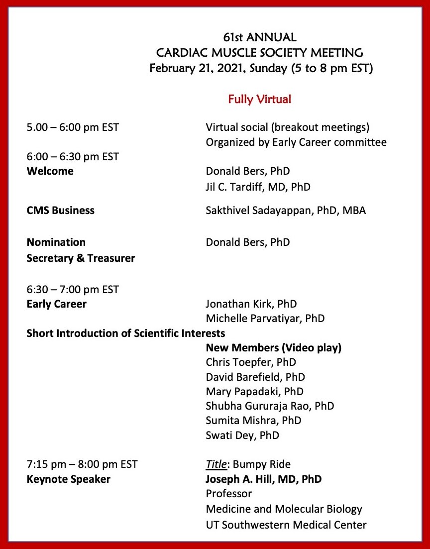 Sakthivel Sadayappan, PhD, MBA (@sadayappanlab) on Twitter photo Attached is the agenda for the Virtual 61st Cardiac Muscle Society. Register in advance for this meeting:
ucincinnati.zoom.us/meeting/regist…
Registration is FREE. <a href="/josephahill/">Joseph hill</a>
<a href="/jct_ucb/">Jil C. Tardiff, M.D.,Ph.D.</a> <a href="/jonathankirk/">Jonathan Kirk</a> <a href="/BarefieldD/">Dave Barefield, PhD</a> <a href="/MaryPapadaki6/">Mary Papadaki</a>
<a href="/ChrisToepfer/">Christopher Toepfer</a> Attached is the agenda for the Virtual 61st Cardiac Muscle Society. Register in advance for this meeting:
ucincinnati.zoom.us/meeting/regist…
Registration is FREE. <a href="/josephahill/">Joseph hill</a>
<a href="/jct_ucb/">Jil C. Tardiff, M.D.,Ph.D.</a> <a href="/jonathankirk/">Jonathan Kirk</a> <a href="/BarefieldD/">Dave Barefield, PhD</a> <a href="/MaryPapadaki6/">Mary Papadaki</a>
<a href="/ChrisToepfer/">Christopher Toepfer</a>