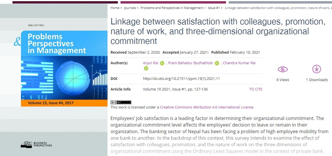 LLC_BP's tweet image. 🔗 lnkd.in/ggJefvB
📝 Linkage between satisfaction with colleagues, promotion, nature of work, and three-dimensional organizational commitment
👥 Arjun Rai, Prem Bahadur Budhathoki, Chandra Kumar Rai
#NatureOfWork #Nepal #OrganizationalCommitment #Promotion #Satisfaction