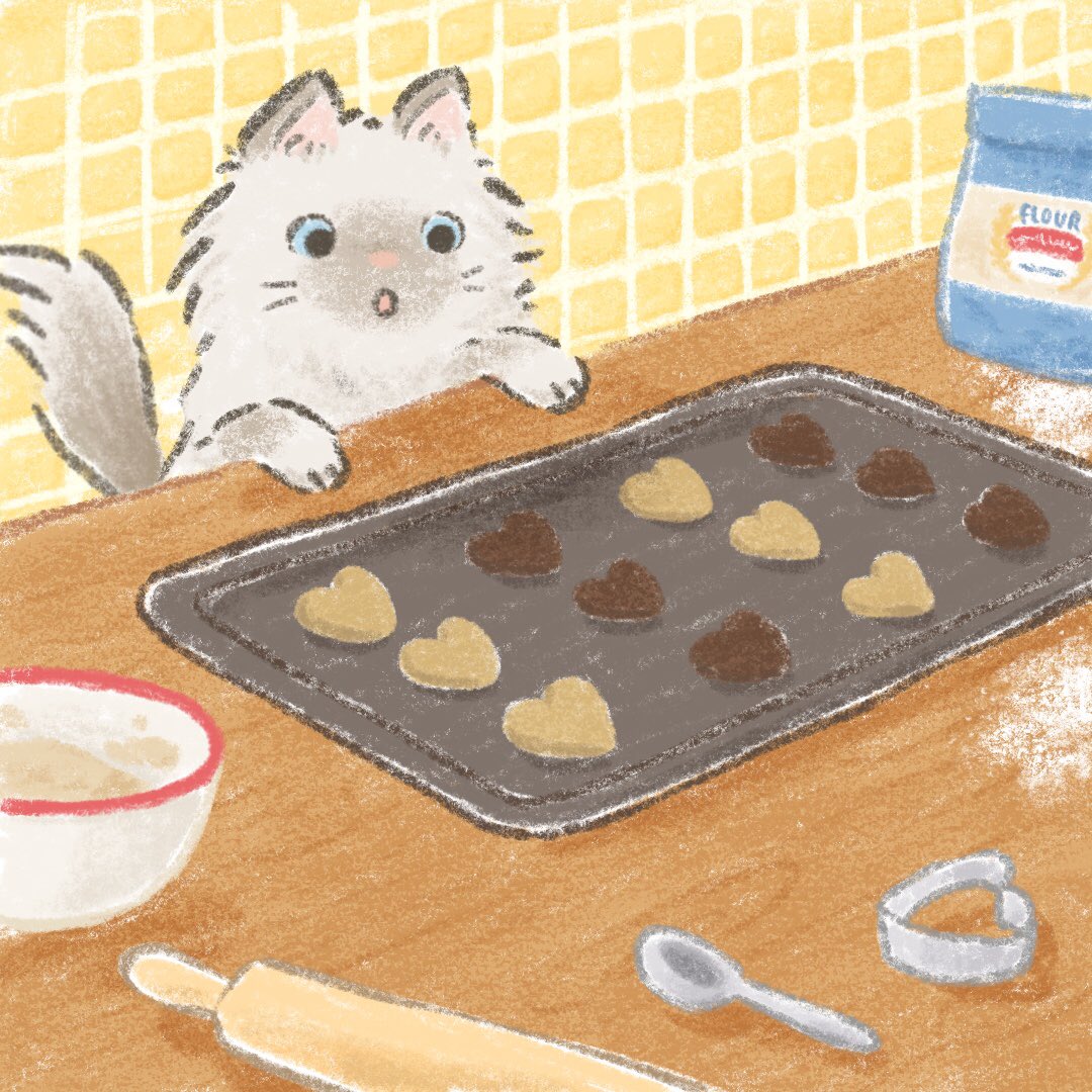 えびんぐ イラストレーター バレンタイン ねこ クッキーとネコ のリクエストを頂いたので クッキー作りを覗きにきたイタズラ猫ちゃんを描いてみました イラスト ほっこりイラスト ゆるいイラスト ほっこり かわいいイラスト 動物