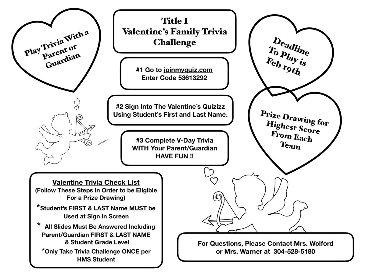 CabellHms's tweet photo. Hello Students and Parents,
HMS Title I is excited to present our Valentine's Family Trivia Challenge. This Trivia Challenge is designed for an individual HMS student and parent/guardian to participate in together....Please see the flyer below for details.#MyCabellSchools https://t.co/5JupwUZ2pG