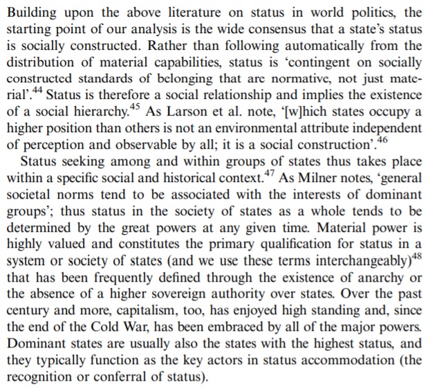 Rather than assume that as India's material power grows, conformity with these norms can be dispensed with, it's clear that the issue is not just relative power but *social status*: perceived belonging in a social group (ILO) whose norms defined by its dominant members