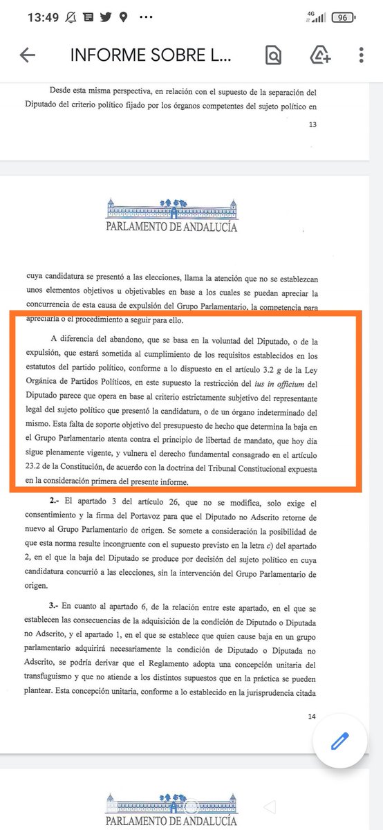 2imori's tweet photo. Tenemos informe de los letrados del Parlamento andaluz sobre la reforma del Reglamento. Muy interesante y muy bien escrito, por cierto (hasta yo lo he entendido). Dice que expulsar a un diputado de un grupo es inconstitucional y recomienda darle una  vuelta a la propuesta. https://t.co/rN89BnJixm