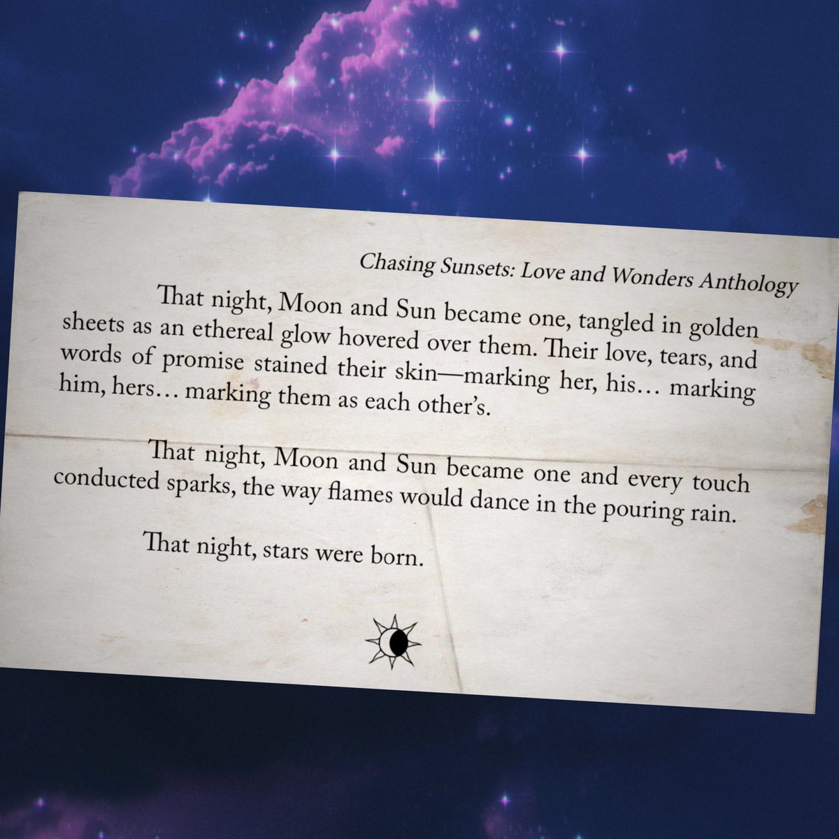 itskayeallen's tweet photo. “Every touch conducted sparks.” - Kaye Allen 🌙☀️✨

Read about the Moon and Sun’s love story in the #1 best-selling book, CHASING SUNSETS. 💜

🛒 https://t.co/hjzspHUsis

#books #ChasingSunsets #Reads #WritingCommunity https://t.co/vSuSmN6G7o
