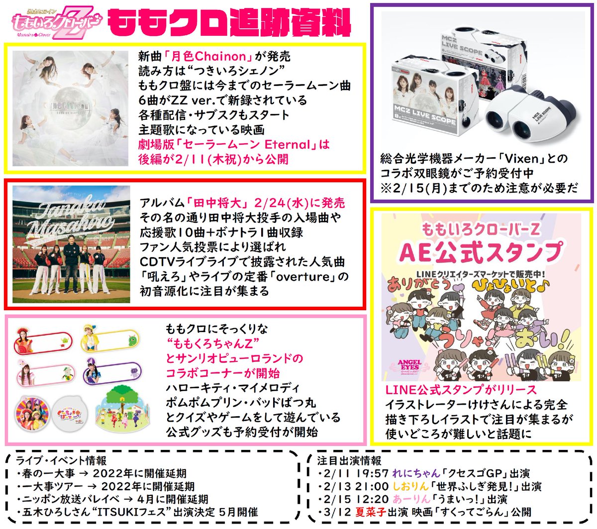 ももクロインフォ公式 ももクロ追えない というとっても嬉しい悲鳴を見かけましたので 少しでも追っていただけるよう追跡用資料を作成 お友達や先輩後輩さんで ももクロ追えない を発見したら ぜひスッ とアピールしてもらえたら嬉しいです