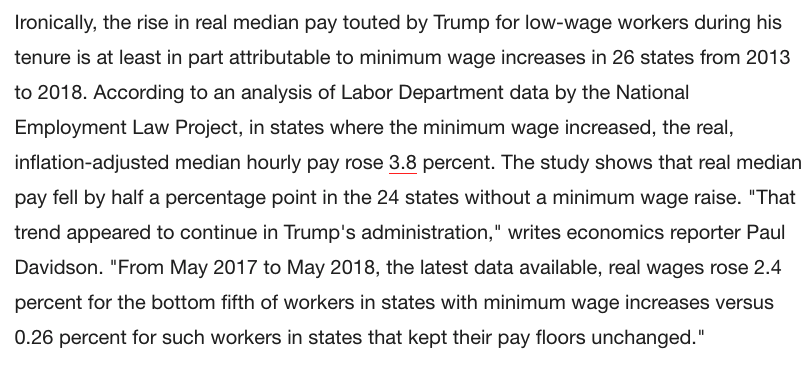 I learned I was wrong about something important from  @emeriticus: It wasn't Trump that caused wages to rise for the bottom quarter of wage earners. It was a rise in minimum wage in 26 states. Those that didn't raise it saw wages fall for workers. Grateful for the correction!