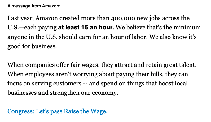 On the other hand,  @brad_polumbo was able to answer a question I've had, which is why is Amazon pushing for a minimum wage increase? Brad argues persuasively that they believe it will put their mom and pop competitors out of business. It really makes you think.