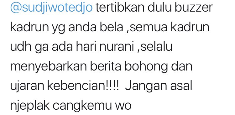 Tertibkan dulu caramu berpikir. Apa aku minta Pak Jokowi menertibkan buzzer cebong maupun buzzer kadrun. Baca lagi, deh. Aku minta beliau menertibkan buzzer2 penumpang gelap. 
Dan aku gak dukung kadrun. Aku dukung hati nuraniku yg kadang sesuai kadrun kadang sesusai cebong