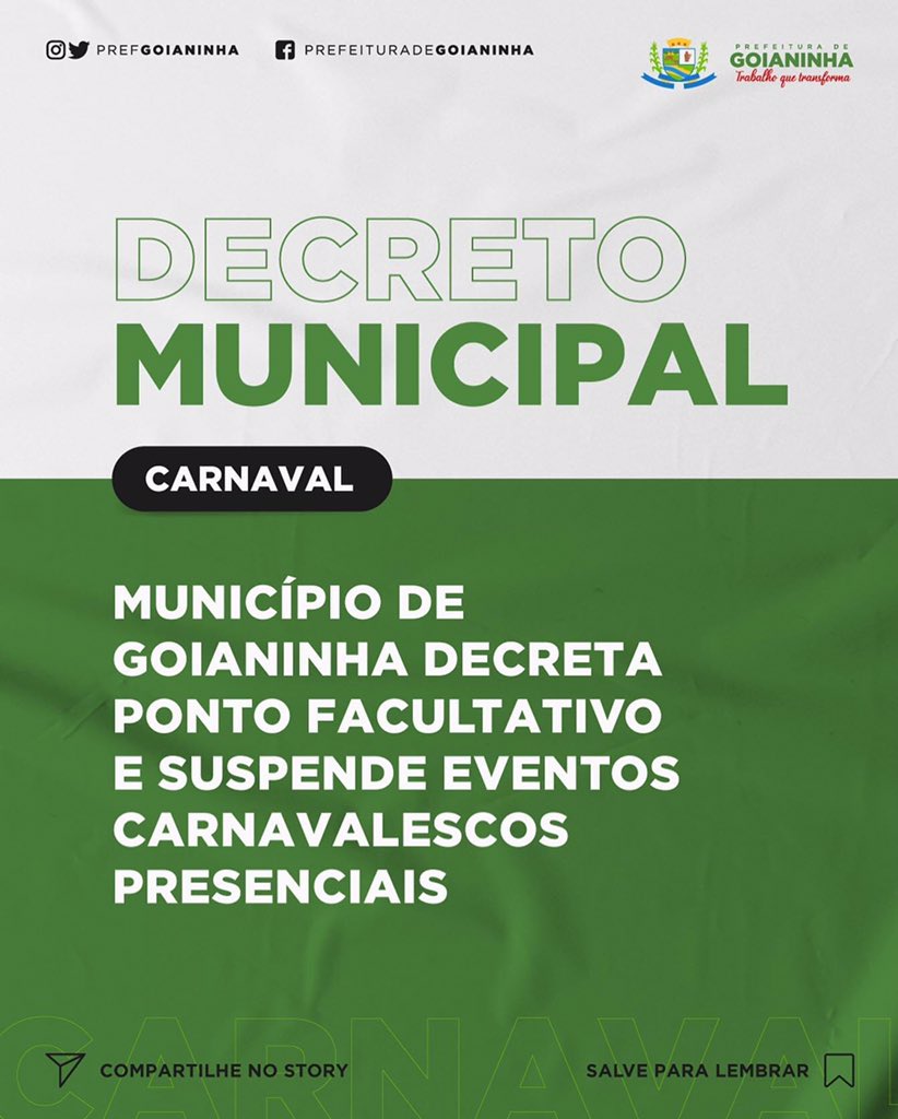 PrefGoianinha's tweet photo. 📝 Prefeitura Municipal de Goianinha, decreta ponto facultativo nos dias 15 e 16, funcionando normalmente os serviços essenciais na área da saúde e coleta de lixo urbano.  

Confira o Decreto Municipal  nº 1.226/2021 na íntegra em nosso site: https://t.co/DXrH2BpzzV https://t.co/nB4sSjkLBe