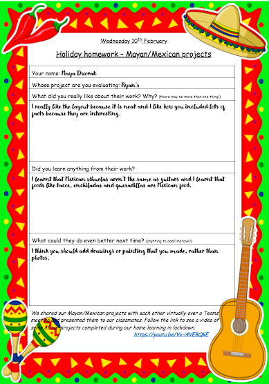 ourladyqop's tweet photo. It is so nice to see the Yr5 children giving such detailed feedback on each other's projects over their Teams work. I can tell how much work went into creating them & after sharing them in our catch-up on Monday, this is lovely to see! 🇲🇽 Keep it up everyone 😊 #olqparestillhere https://t.co/eOeZiirbKP
