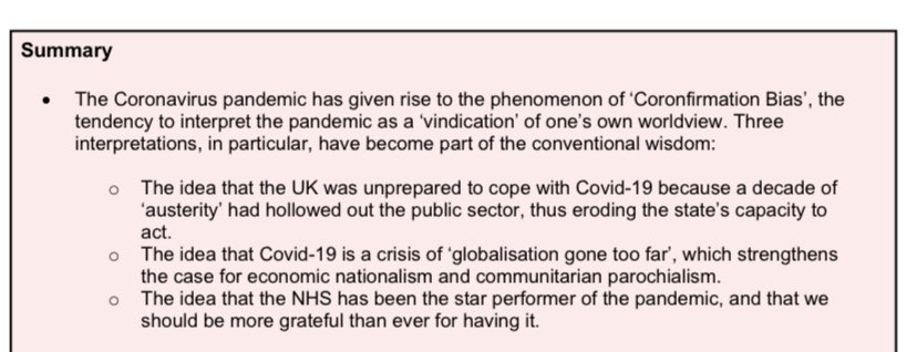 Here’s the summary page, the 3 top ideas are:- Austerity had no effect on the U.K. preparedness for COVID- COVID is not a crisis of globalism- the NHS is not a star performer of the pandemic.From the top then. /2
