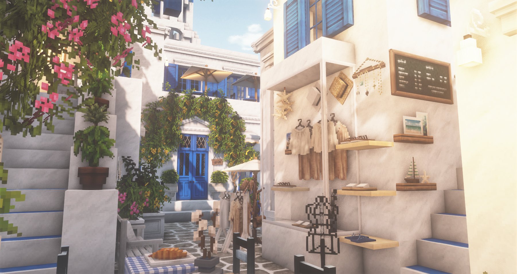 楓 サントリーニ島をイメージした路地を作りました 苦手な街並み作りの練習 Cocricot Minecraft Minecraft建築コミュ マイクラ張りぼて路地 T Co Rutzwncfh8 Twitter