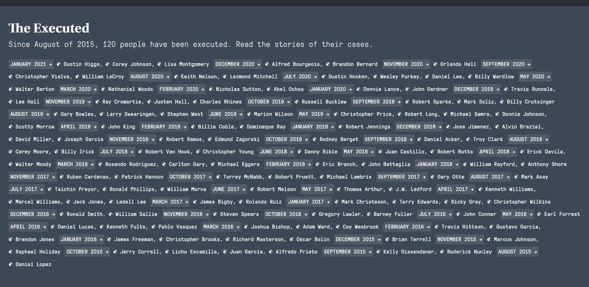 This is everyone executed in U.S. in the past 5+ years. At  @MarshallProj we tracked them all. Here's a thread about what we found.  https://www.themarshallproject.org/2021/02/10/what-120-executions-tell-us-about-criminal-justice-in-america