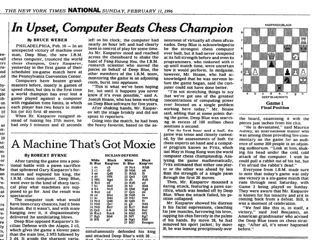 Deep Blue computer beats world chess champion – archive, 1996