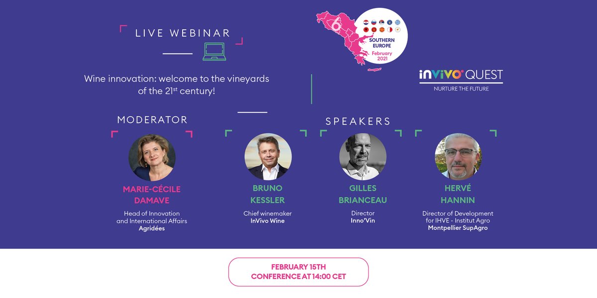 Welcome to the vineyards of the 21st century! For this 7th conference of the Quest EuroTour, our speakers will talk about wine innovation. Discover how  the help of technologies will assist winemakers in their resilience to climate change.

Register here : invivoquest.angage.events