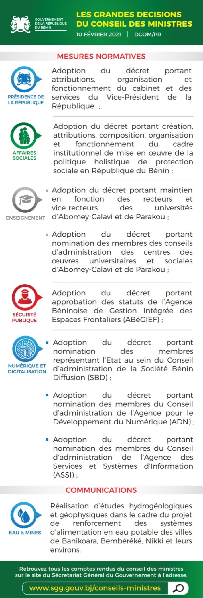 Les grandes décisions du conseil des ministres de ce mercredi 10 février 2021