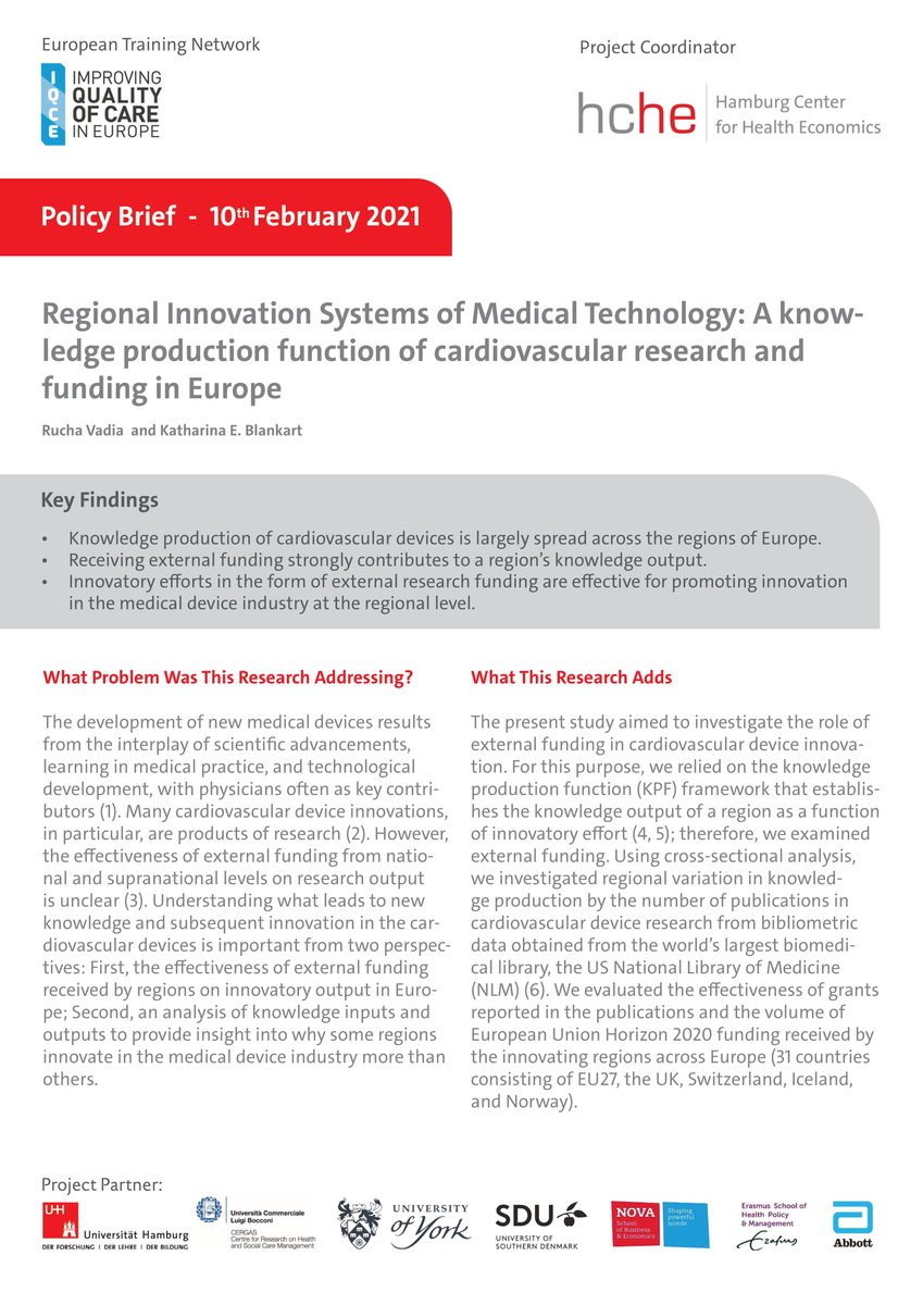 ETN_IQCE's tweet photo. We present you the fourteenth IQCE Policy Brief "Regional Innovation Systems of Medical Technology: A knowledge production function of cardiovascular research and funding in Europe" from our fellow Rucha Vadia.
https://t.co/ZdaTufJQK7

#cardiovascularresearch #fundingeurope https://t.co/8qH9rjOvo3