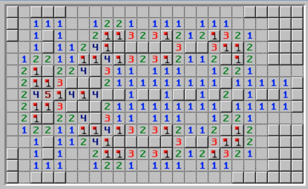  Minesweeper Yes, *THAT* Minesweeper we all played on Windows.As it turns out, Minesweeper is NP-Complete, while its infinite variant is Turing Complete.Richard Kaye wrote extensively about this.Below, a XOR, AND and OR gates. http://web.mat.bham.ac.uk/R.W.Kaye/minesw/infmsw.pdf