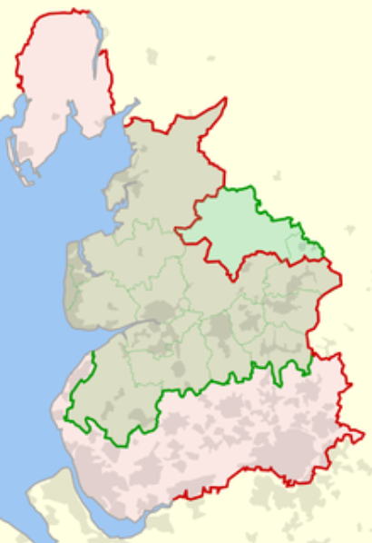+ de Manchester eram de Lancashire. Eles até tentaram não mudar radicalmente, colocando a cidade de Bury e outras como partes da "Lancashire Histórica", mas não real.O condado de Lancashire ainda existe, mas é bem menor do que antigamente, como você pode ver no mapa abaixo. +