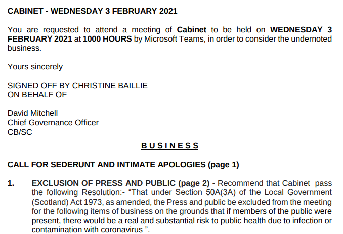 East Ayrshire Council is also still holding all meetings in private online with no access for the public or media. They give the following reason for the exclusion at every online meeting: