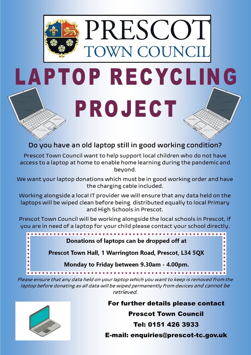 Donate your unused laptop with Prescot Town Council and help us to support our local children with their home learning. 
#homeschooling2021 #communitymatters