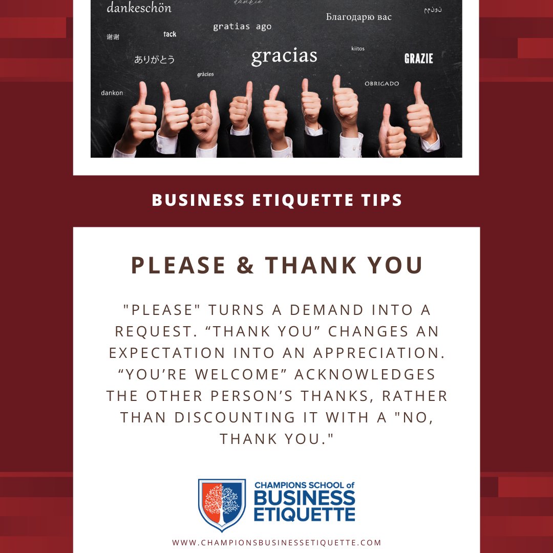 Etiquette_Class's tweet image. Here's a quick reminder: Using "please" and "thank you" has never gone out of style!

#BusinessEtiquetteTips #BusinessEtiquette