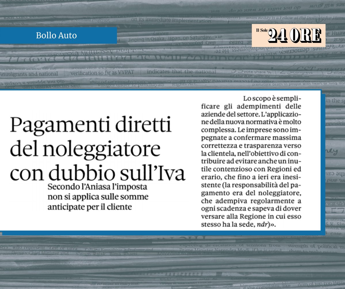 #BolloAuto: il provvedimento continua a creare problemi e incertezze per il settore del #NoleggioLungoTermine per quanto riguarda le modalità del pagamento del bollo per il cliente.  #PietroTeofilatto, dir. area fisco ed economia, su <a href="/sole24ore/">IlSole24ORE</a>