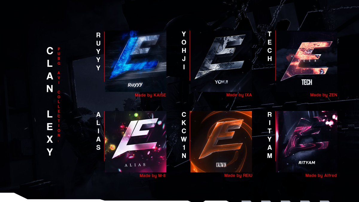 ClanLeXy's tweet photo. PUBG Team Avi Collection by @C4_Archives 
Thanks incredible Designers!

Member - Avi Designer
@LeXy_Ruyyy  - @XXXG__01D 
@GeraldParmann - @IX4XA 
@pantetsu_ow - @ZEN7S 
@ilis_A1ias - @M8ipa 
@FantaGrape_com - @P1astics_ 
@RityaOGsan - @SrAlfreduwu https://t.co/7tY62C2mKx
