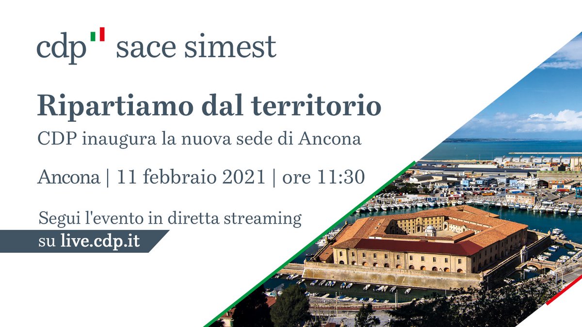 GruppoCDP's tweet photo. 📌Ripartiamo dal territorio: giovedì #11febbraio inauguriamo ad #Ancona la nuova sede territoriale per gli #entilocali e le #imprese delle #Marche.
👉Segui l'evento in diretta streaming su #CDPLive dalle ore 11:30 https://t.co/wkFUHBfCG2
📲 e su Twitter con #CDPAncona https://t.co/LwtR2wTtpY