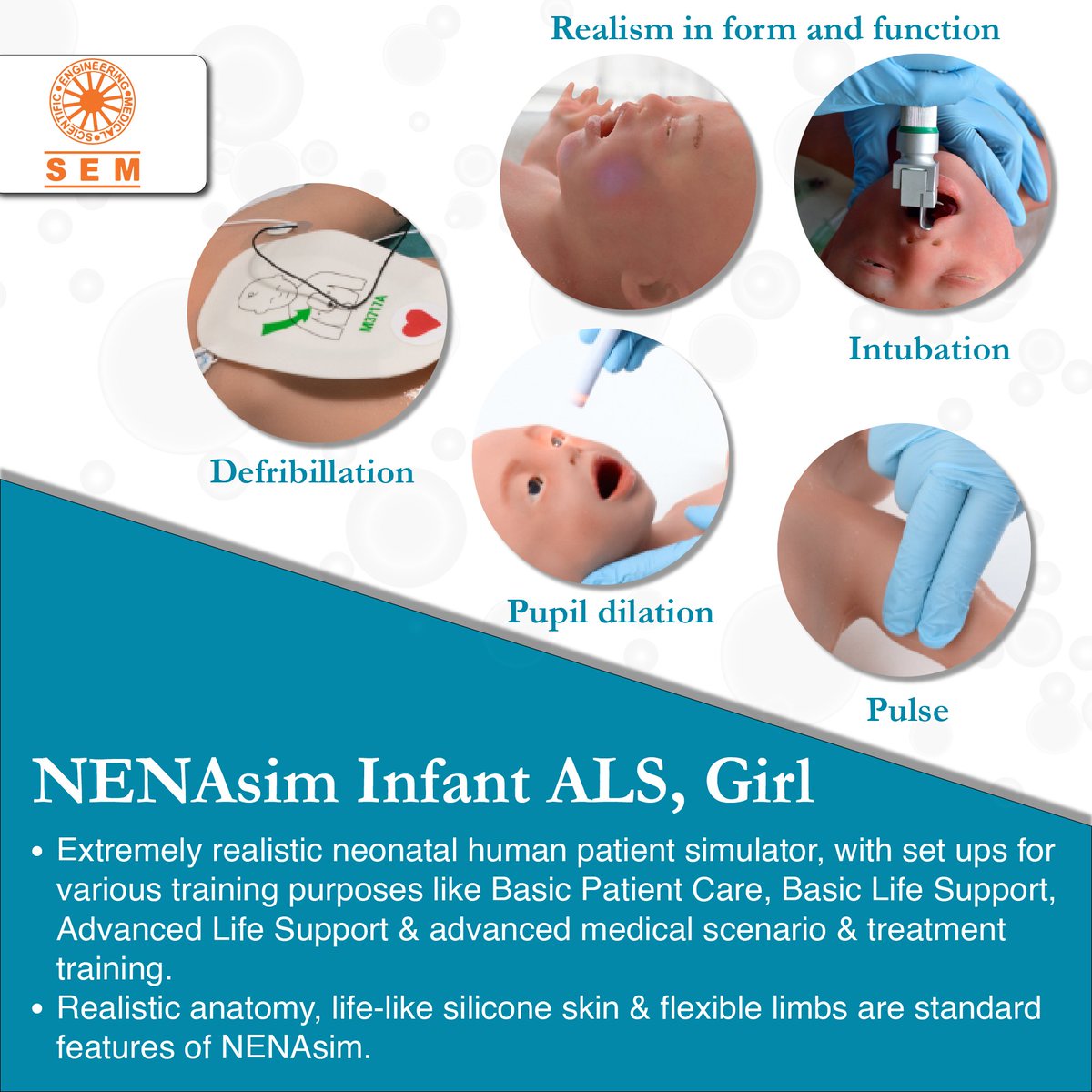 SemTrainers's tweet image. NENAsim series is a very realistic neonatal human patient simulator, with set ups for different training purposes such as Basic Patient Care, Basic Life Support, Advanced Life Support as well as advanced medical scenario and treatment training.

#nenasim #medicalmanikin