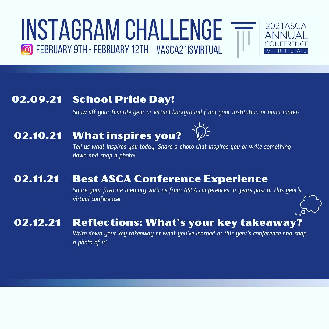 Did you miss the chance to show your school pride? Want to share some of your inspirations today? Post twice today and tag us @ #ASCA21ISVIRTUAL