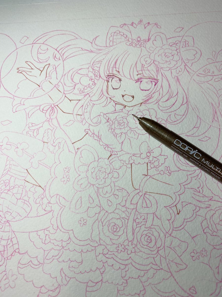 線画やっとペン入れはじめました ピンクのシャーペン濃ゆく描き過ぎてて線が引けてる Gao がぉ E のイラスト