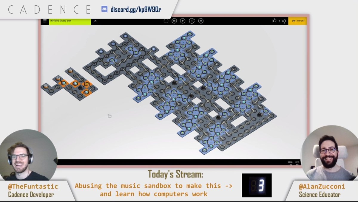 Cadence Cadence is a beautiful rhythm game with an open sandbox mode. As it turns out, some of its puzzle elements can be used to build logic gates.I've recently streamed with  @thefuntastic how to build a simple counter in Cadence.  https://store.steampowered.com/app/362800/Cadence/