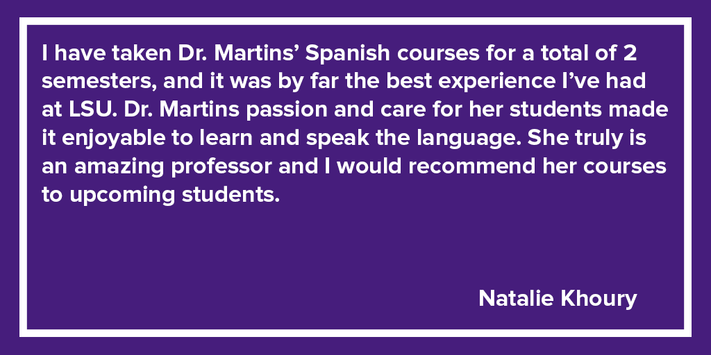 LSUWorldLang's tweet photo. Our student Natalie shares her experience in Dr. Laura Martins' class. #LSU #LSUForlang https://t.co/cNqpcXWzGS