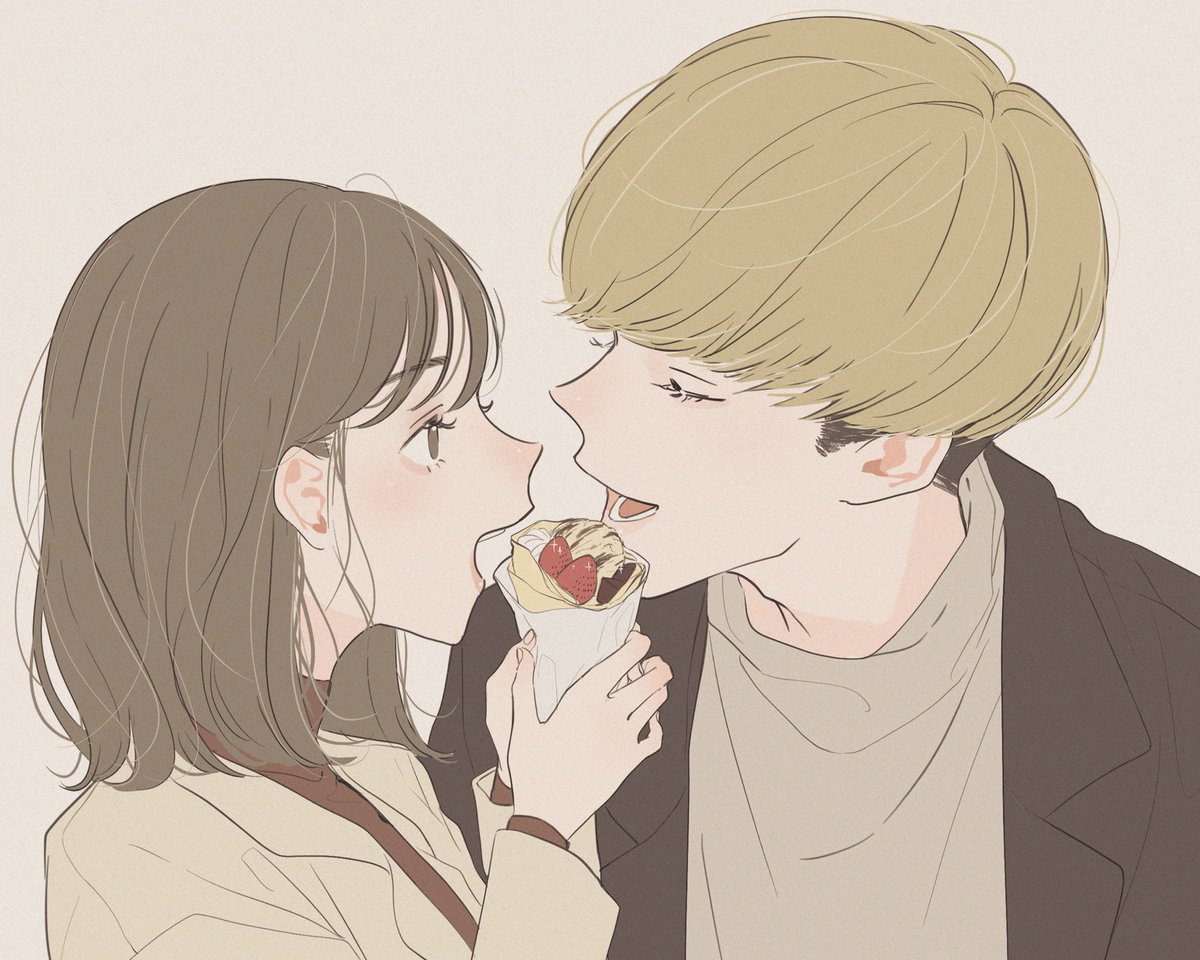 1girl 1boy food brown hair looking at another open mouth holding food  illustration images