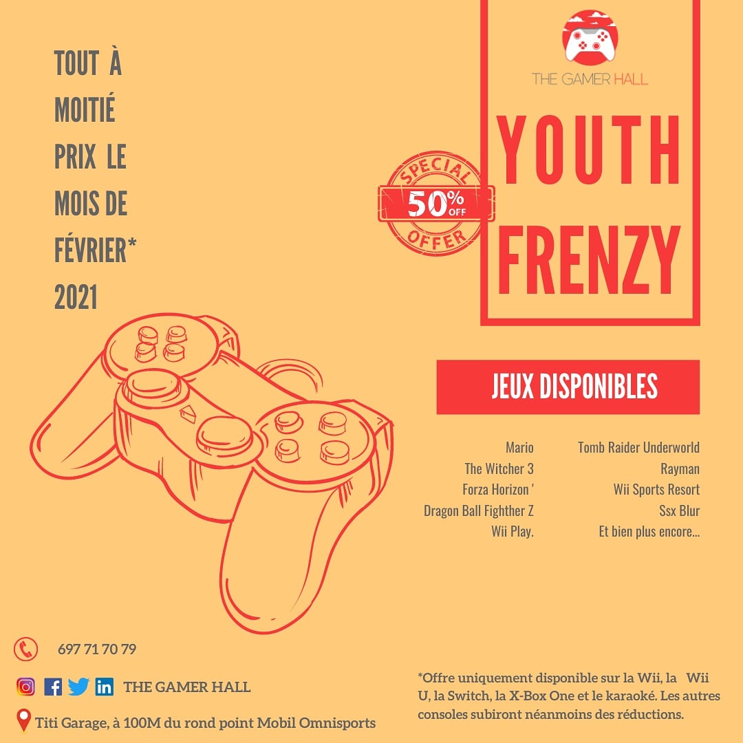 TheGamerHall's tweet photo. LET'S GET FRENZY! 🤩🤩🤩

Pour la fête de la jeunesse et rien que pour vous, le Gamer Hall offre une promotion MOITIÉ PRIX sur ses jeux !

Venez nombreux en profiter.😉

#Youth #jeunesse #TGH #gamingcommunity #videogame #Gamers https://t.co/kLcVWG7NSr