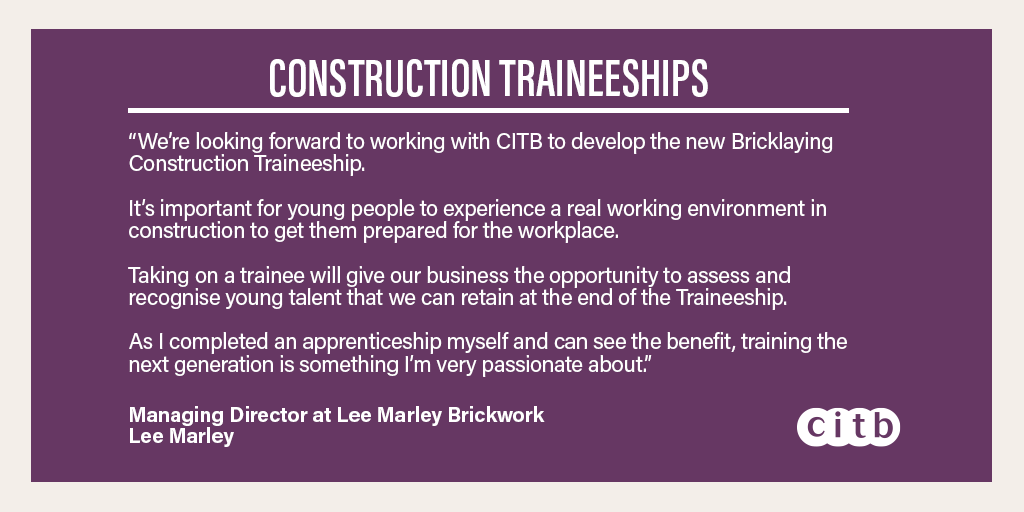 CITB_UK's tweet photo. A Construction Traineeship will enable learners on an FE course to develop work ready skills needed to progress into work or an apprenticeship. Stakeholders including @HomeBuildersFed @LeeMarleyLMB will be advising us on the design of a pilot Bricklaying Traineeship. https://t.co/rm3es9eisy
